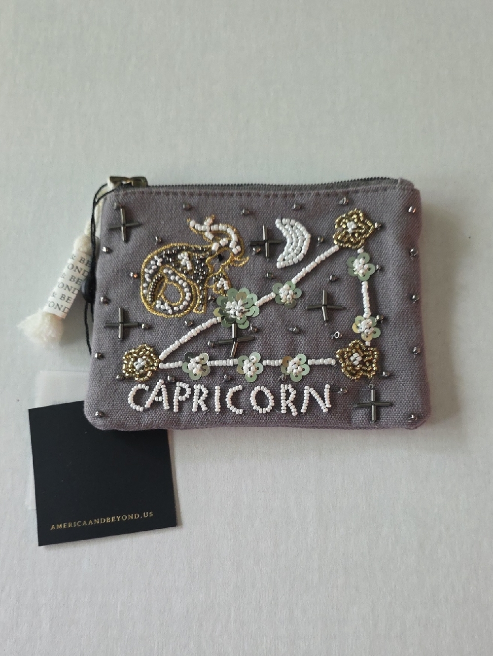 NWT America & Beyond Gray Canvas Embellished Capricorn Zodiac Coin Purse